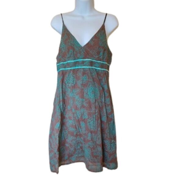 VINTAGE Brown and Turquoise Blue Summer Cotton Dress Size 13 - Picture 1 of 7